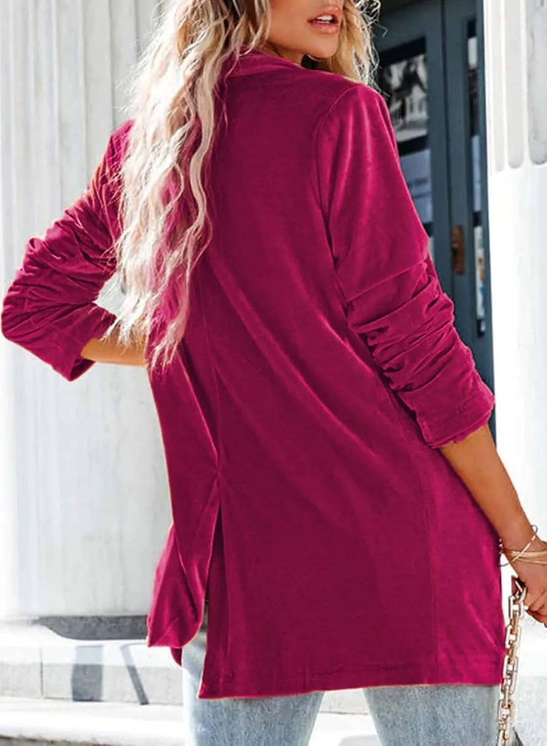 Happy Sailed Women's Velvet Blazer Jackets Casual Long Sleeve Lapel Collar Pocketed Blazer Suits Work Outfits