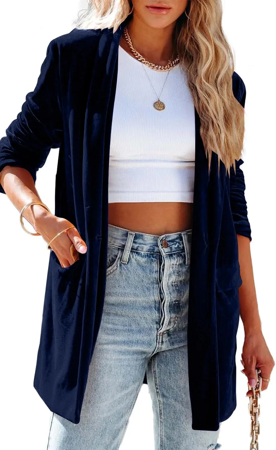 Happy Sailed Women's Velvet Blazer Jackets Casual Long Sleeve Lapel Collar Pocketed Blazer Suits Work Outfits