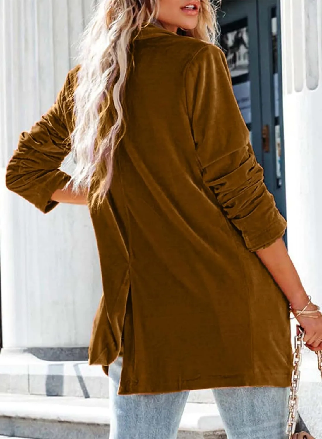 Happy Sailed Women's Velvet Blazer Jackets Casual Long Sleeve Lapel Collar Pocketed Blazer Suits Work Outfits