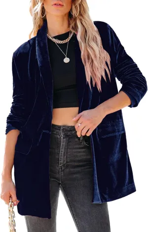 Happy Sailed Women's Velvet Blazer Jackets Casual Long Sleeve Lapel Collar Pocketed Blazer Suits Work Outfits
