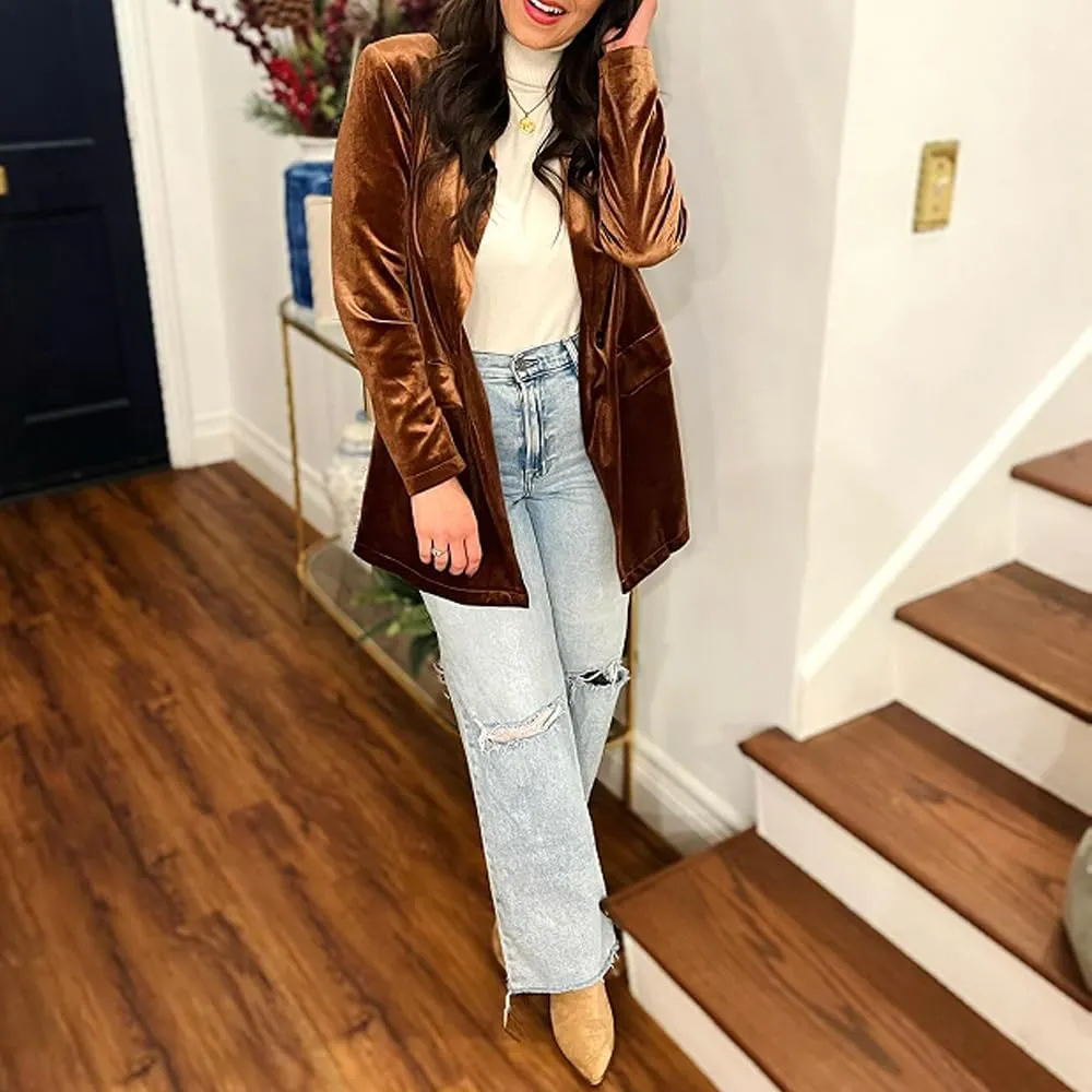 Happy Sailed Women's Velvet Blazer Jackets Casual Long Sleeve Lapel Collar Pocketed Blazer Suits Work Outfits