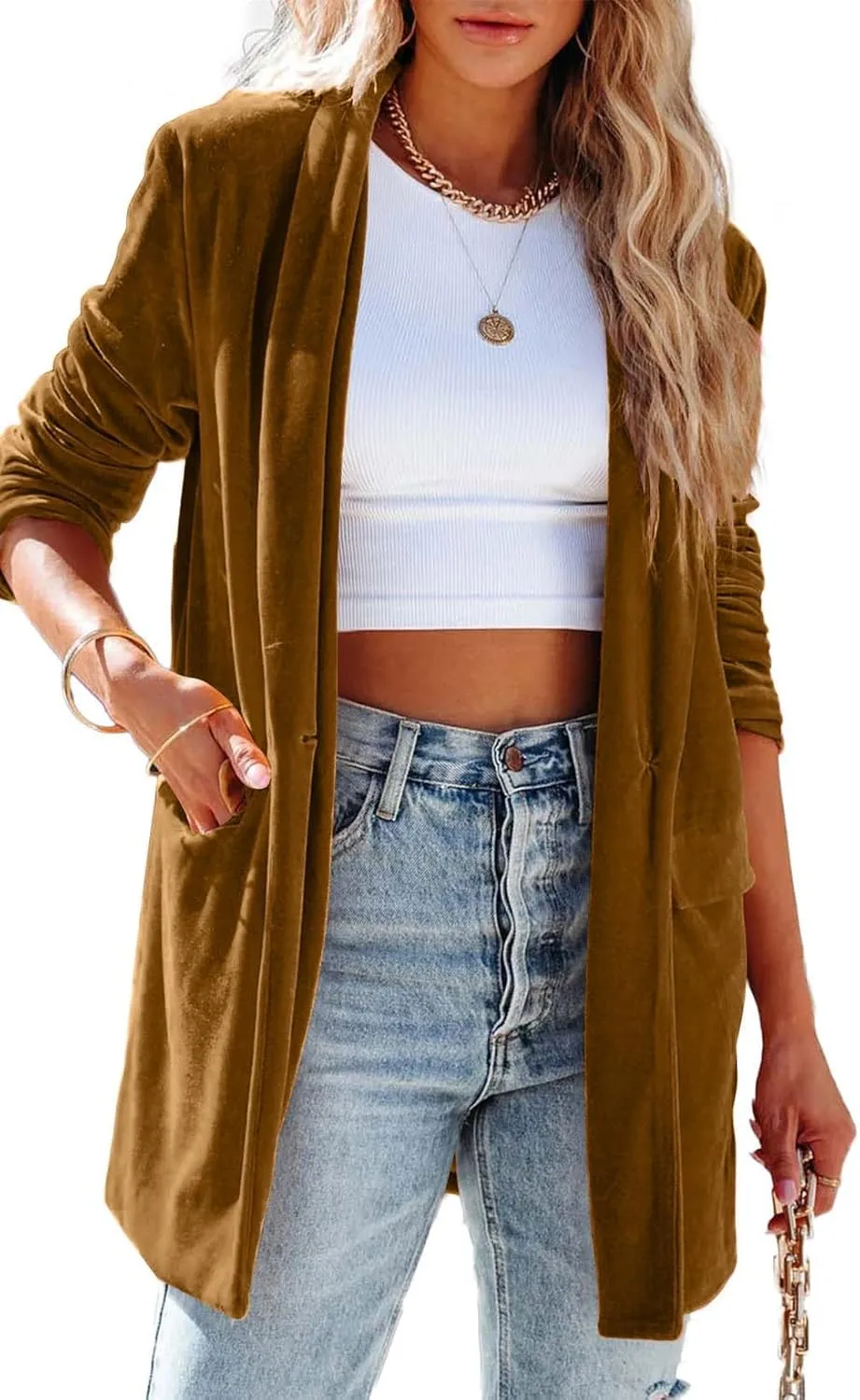Happy Sailed Women's Velvet Blazer Jackets Casual Long Sleeve Lapel Collar Pocketed Blazer Suits Work Outfits