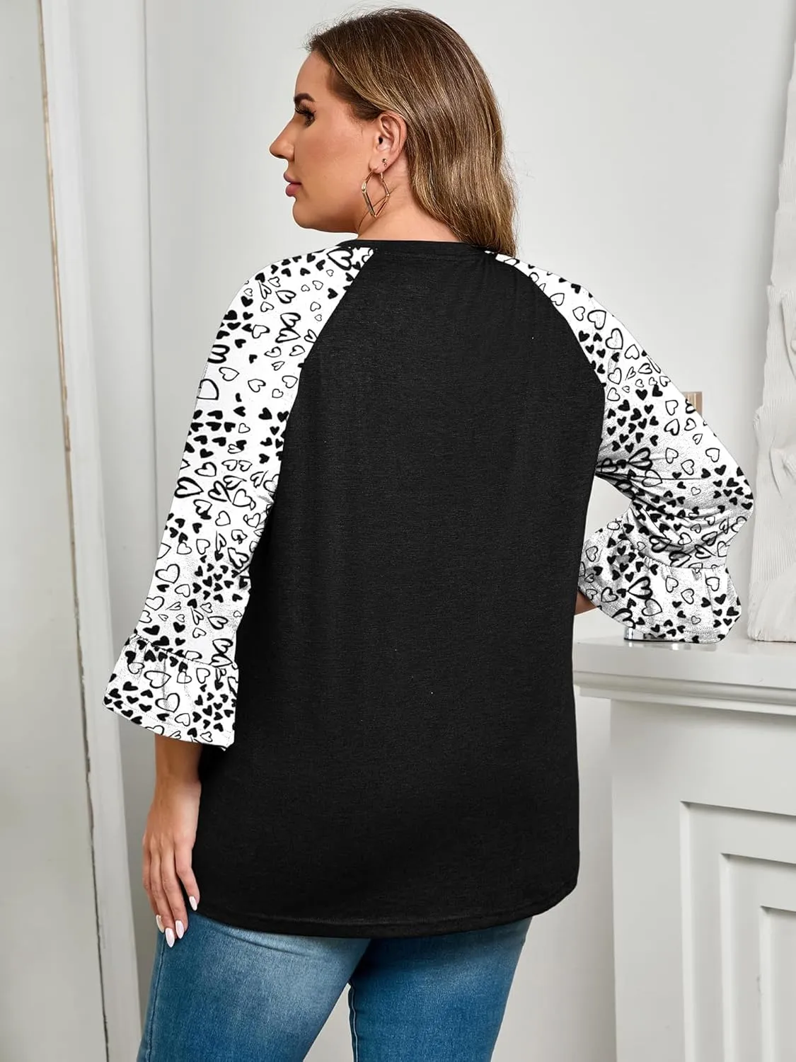 HDLTE Womens Plus Size 3/4 Ruffle Sleeve Tops Casual Loose Crew Neck Shirts Dressy Floral Bell Sleeve Tunic Blouses