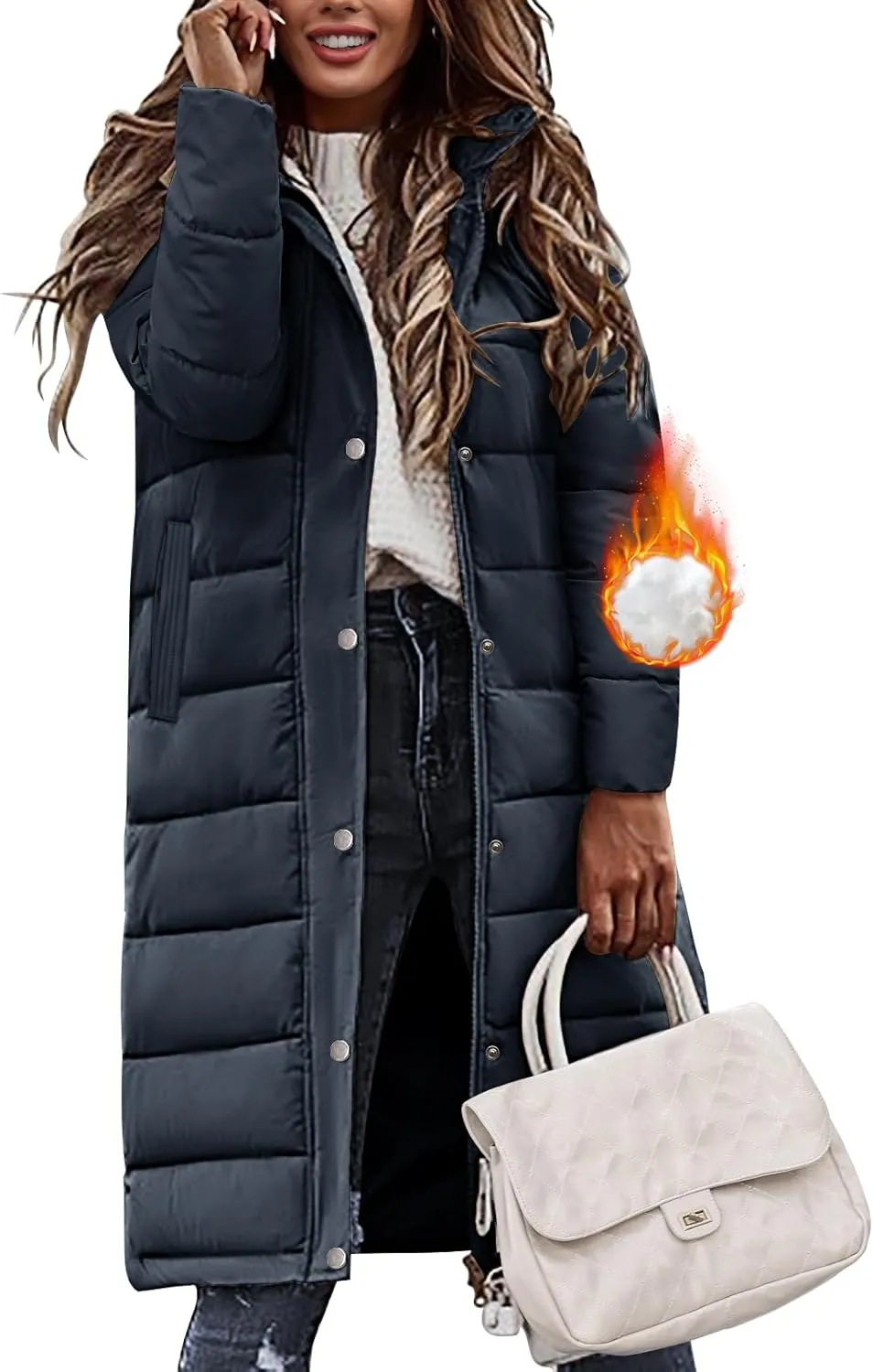 HEEKPEK Womens Winter Long Puffer Coats Down Thicken Warm Quilted Jacket Mid-Length with Side Zipper and Hood Outerwear