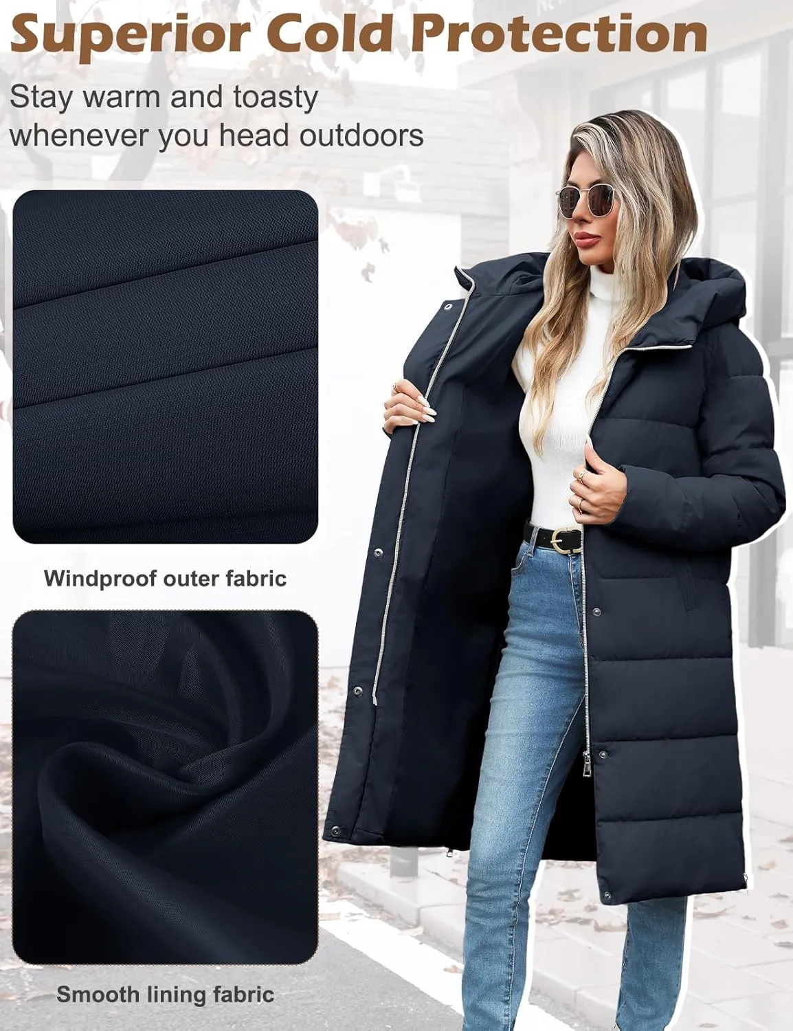 HEEKPEK Womens Winter Long Puffer Coats Down Thicken Warm Quilted Jacket Mid-Length with Side Zipper and Hood Outerwear