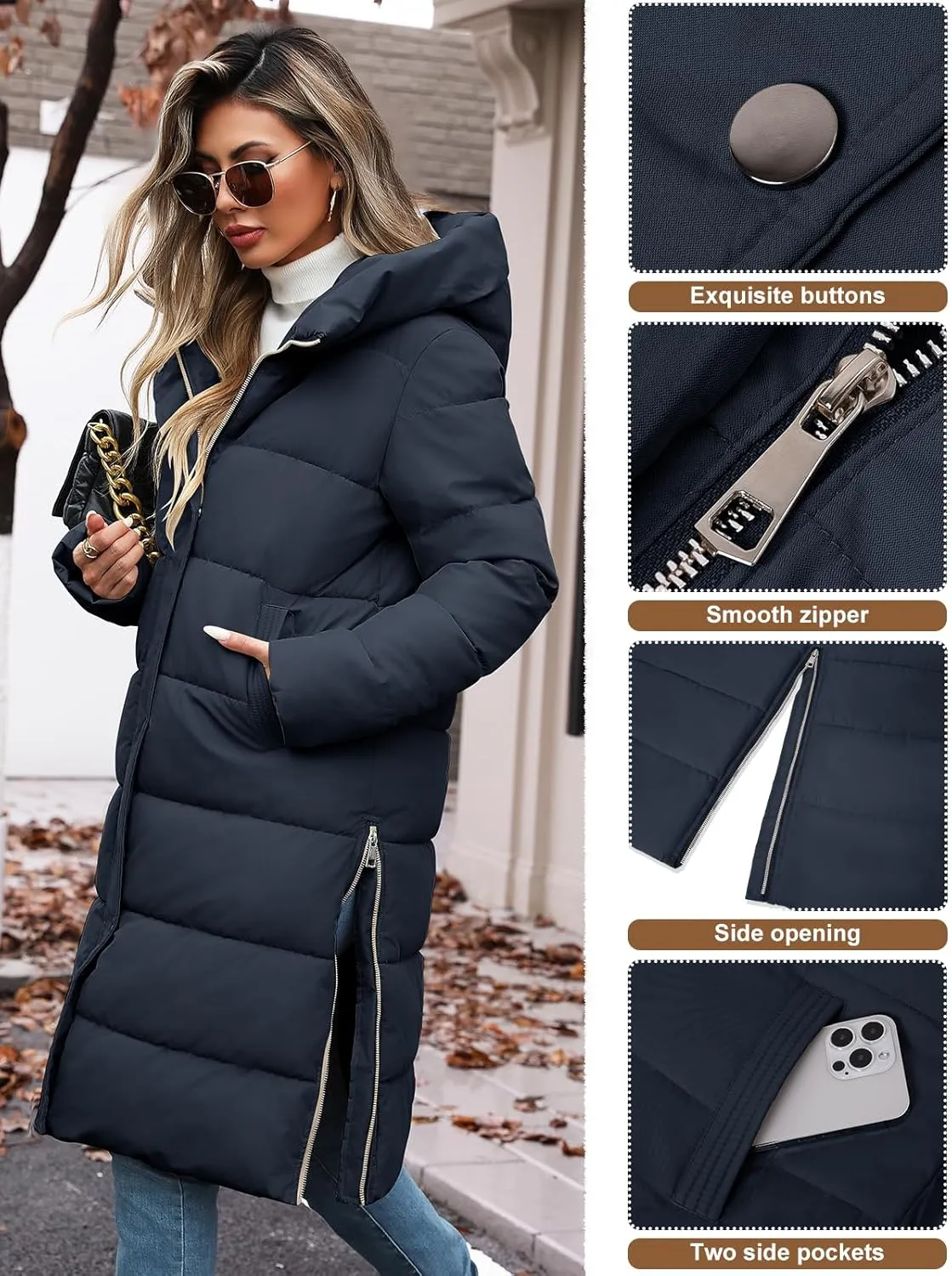 HEEKPEK Womens Winter Long Puffer Coats Down Thicken Warm Quilted Jacket Mid-Length with Side Zipper and Hood Outerwear