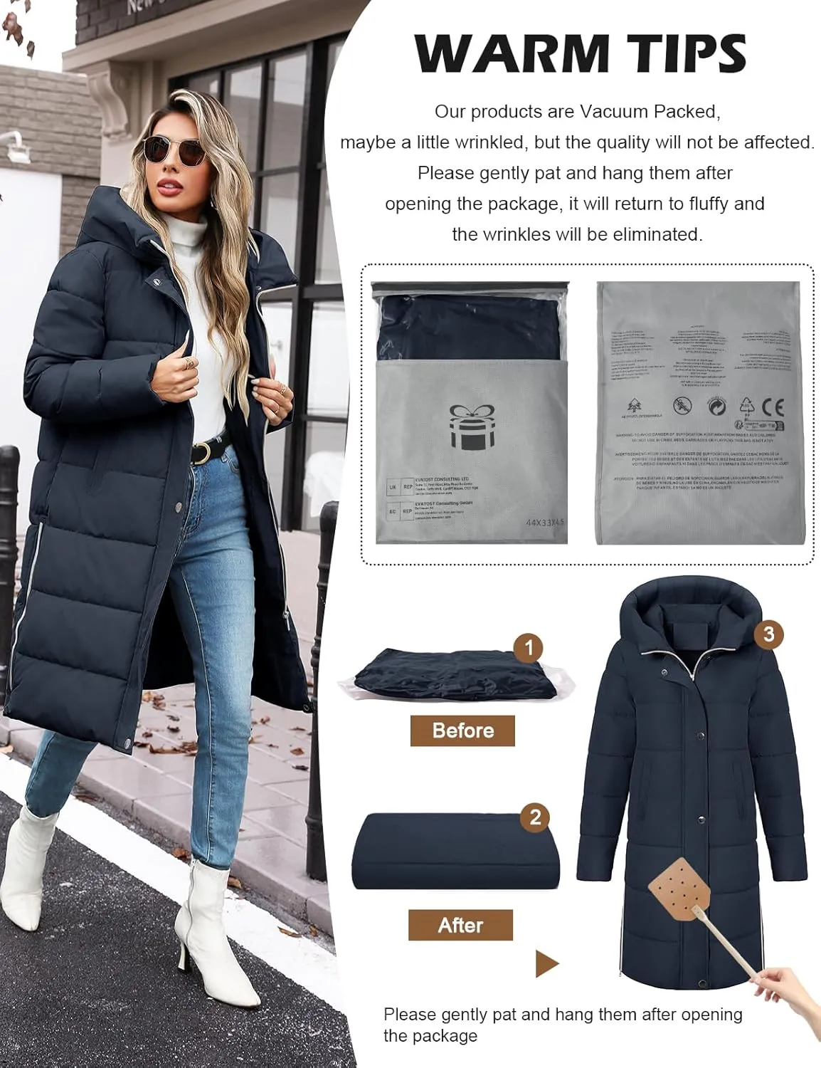 HEEKPEK Womens Winter Long Puffer Coats Down Thicken Warm Quilted Jacket Mid-Length with Side Zipper and Hood Outerwear