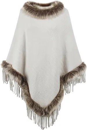 HGps8w Women's Elegant Faux Fur Poncho Cape with Fringed Hem, 2025 Winter Warm Pull On Cloak Coat for Party Daily Wear