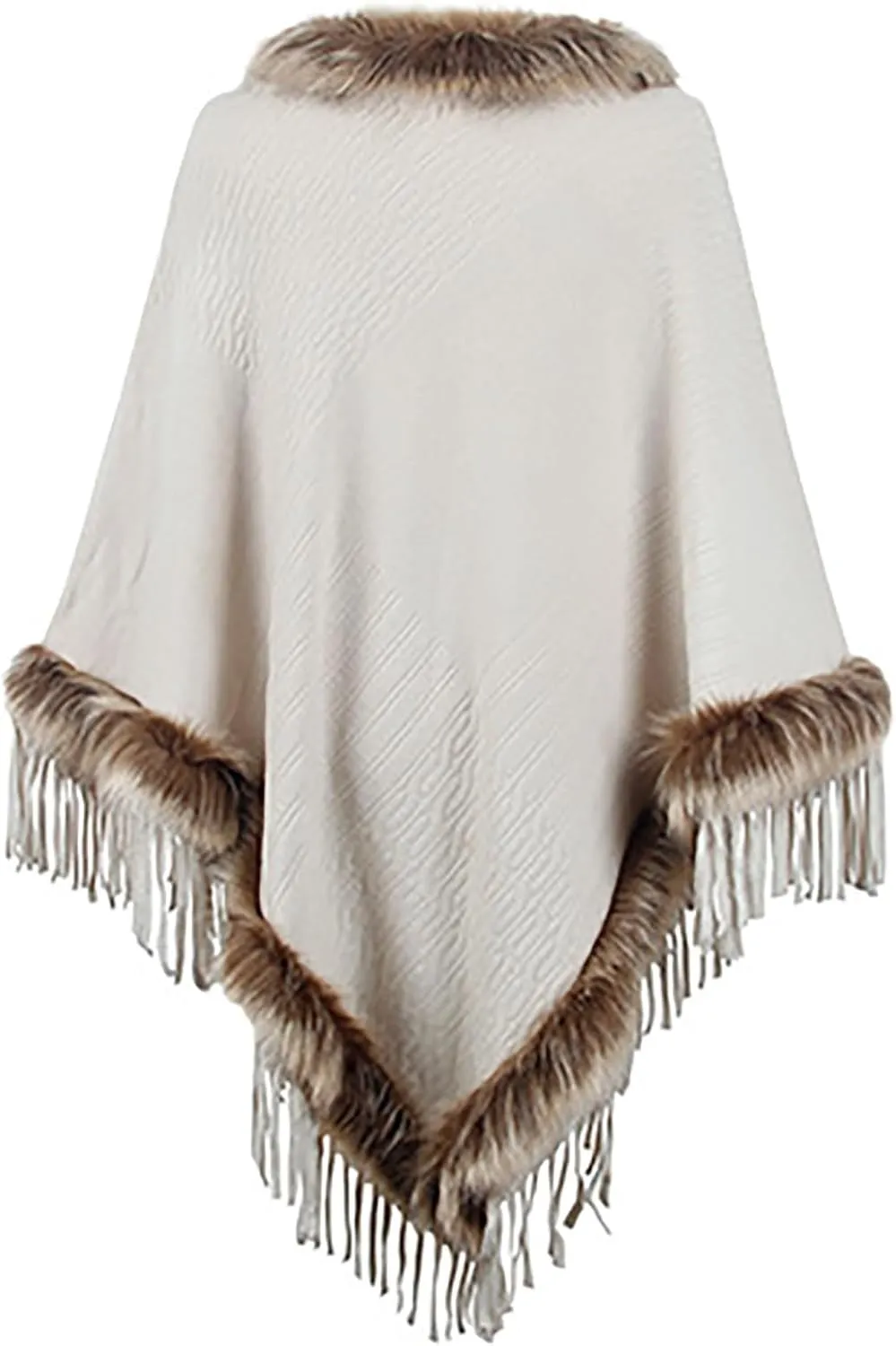 HGps8w Women's Elegant Faux Fur Poncho Cape with Fringed Hem, 2025 Winter Warm Pull On Cloak Coat for Party Daily Wear