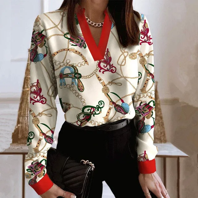 High-end V-Neck Long Sleeve Designer Blouse