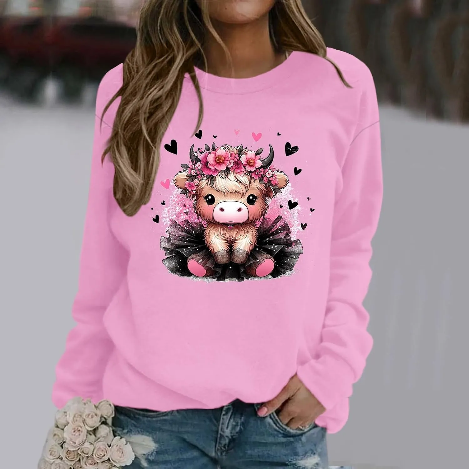 Highland Cow Sweatshirts for Women Funny Cute Casusl Loose Hoodies Western Cow Print Shirt Country Western Sweatshirt