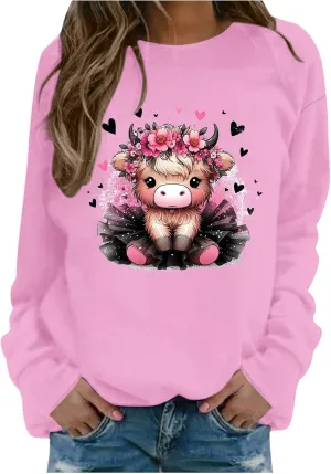 Highland Cow Sweatshirts for Women Funny Cute Casusl Loose Hoodies Western Cow Print Shirt Country Western Sweatshirt