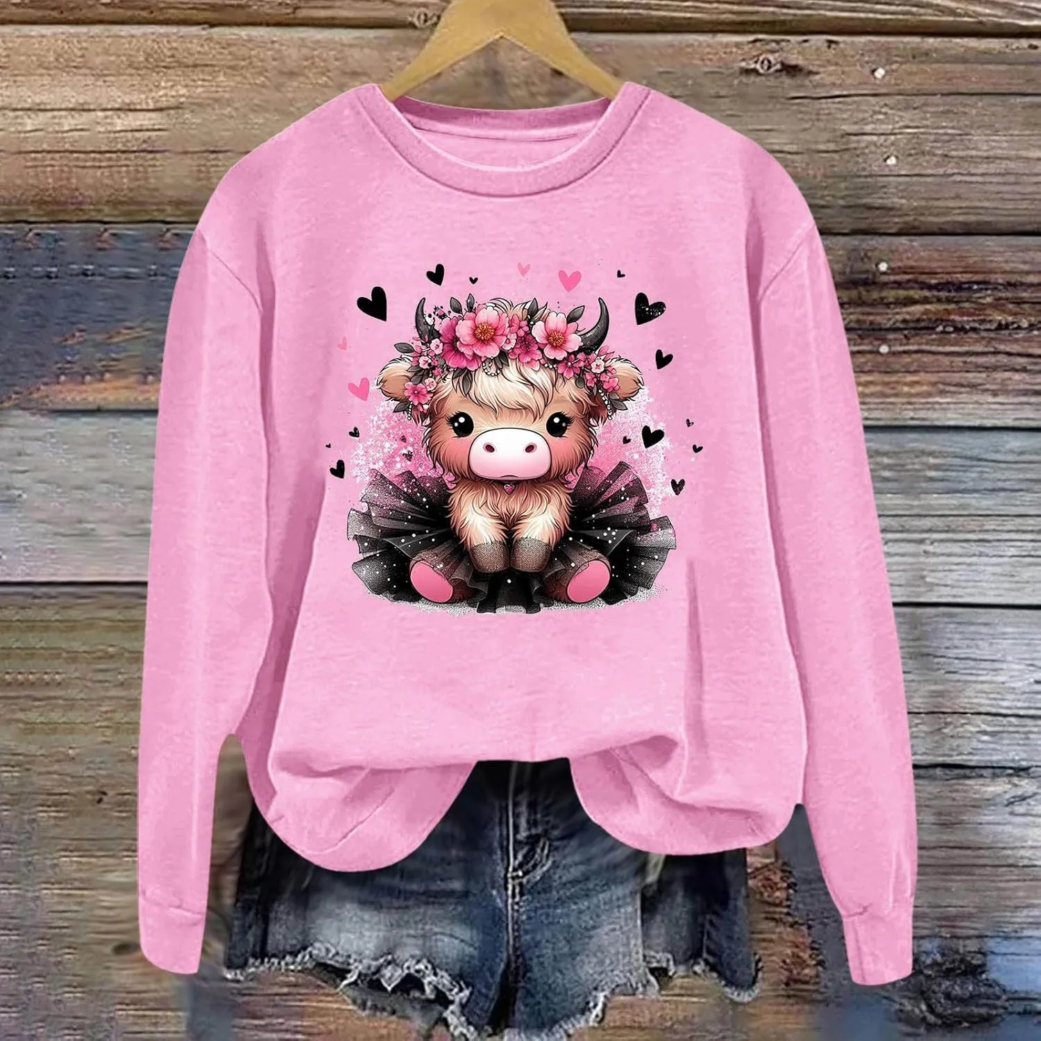 Highland Cow Sweatshirts for Women Funny Cute Casusl Loose Hoodies Western Cow Print Shirt Country Western Sweatshirt