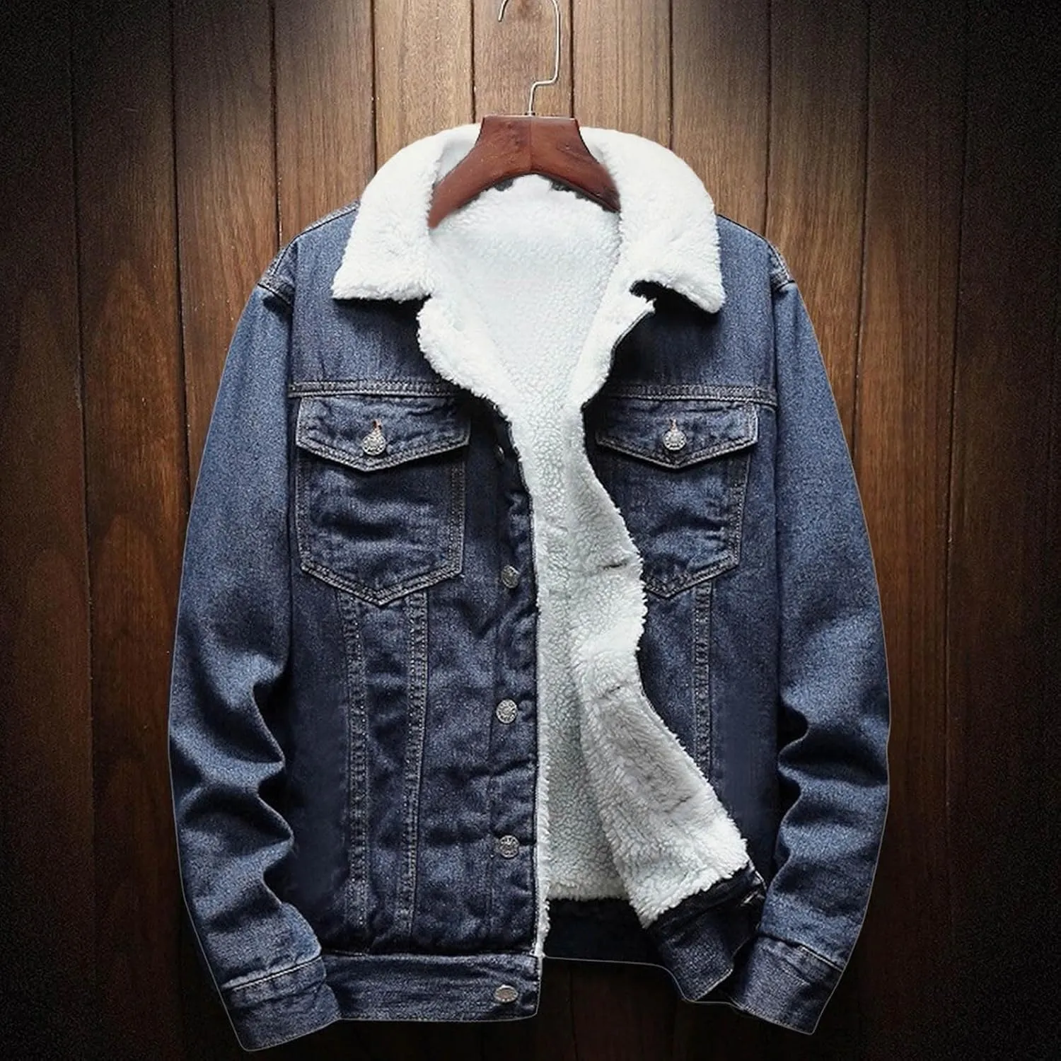 hlysgo Men's Jean Jacket Casual Lapel Sherpa Fleece Lined Thicken Denim Jean Trucker Jacket Coats Slim-Fit Outerwear