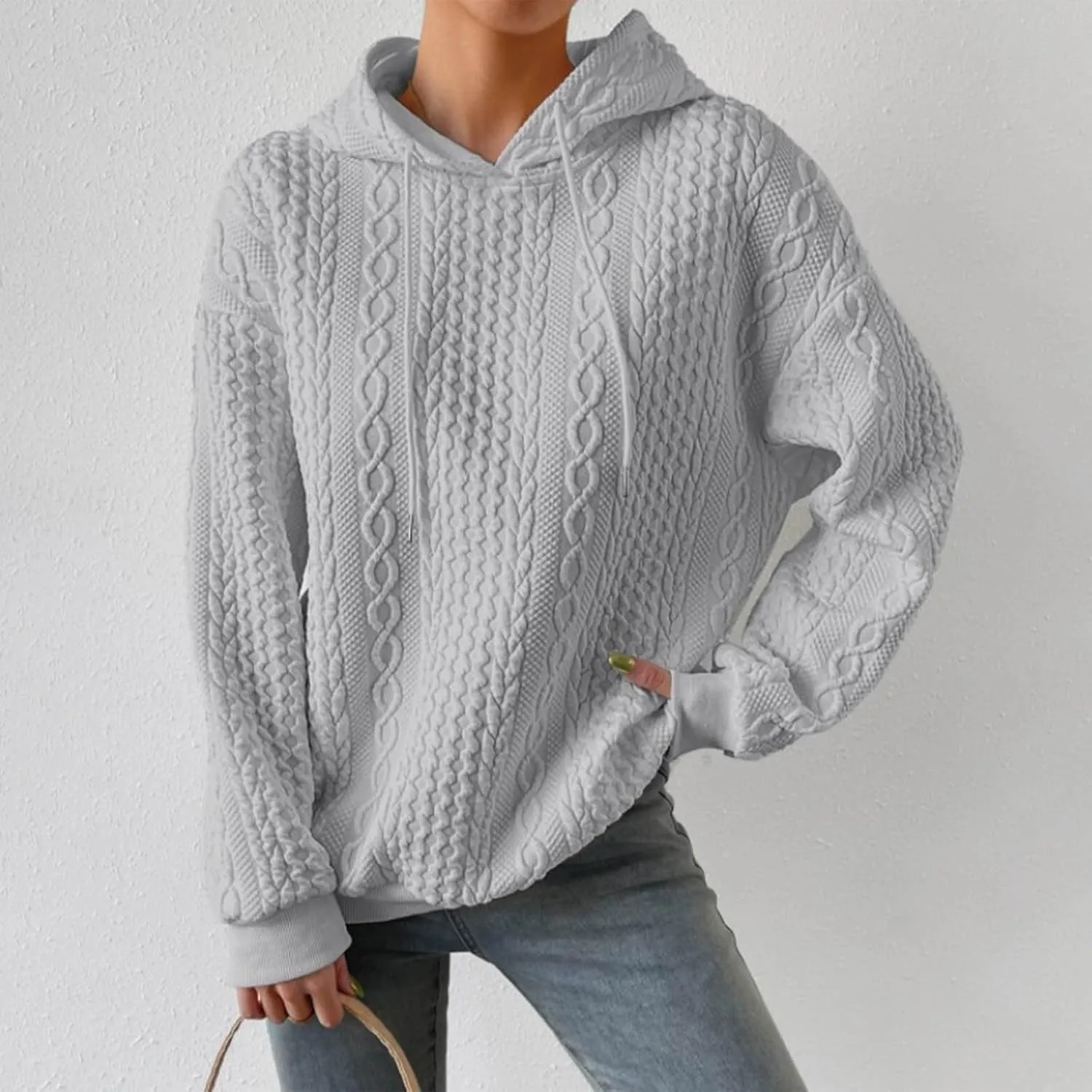 Hoodie Sweaters for Women Cable Knit Slouchy Long Sleeve Oversized Sweatshirt Cozy Chunky Y2K Hoodie Drawstring Pullover Tops