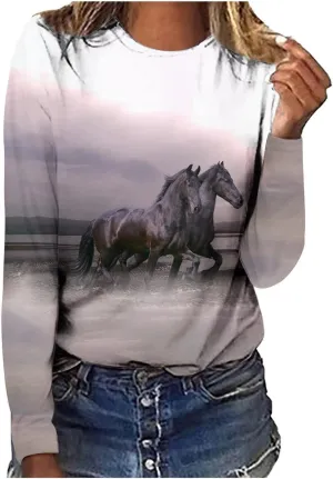 Horses T Shirt Women Funny Graphic Tees Long Sleeve Crew Neck Shirts Casual Loose Fit Blouses Horse Lover T-Shirt Gift