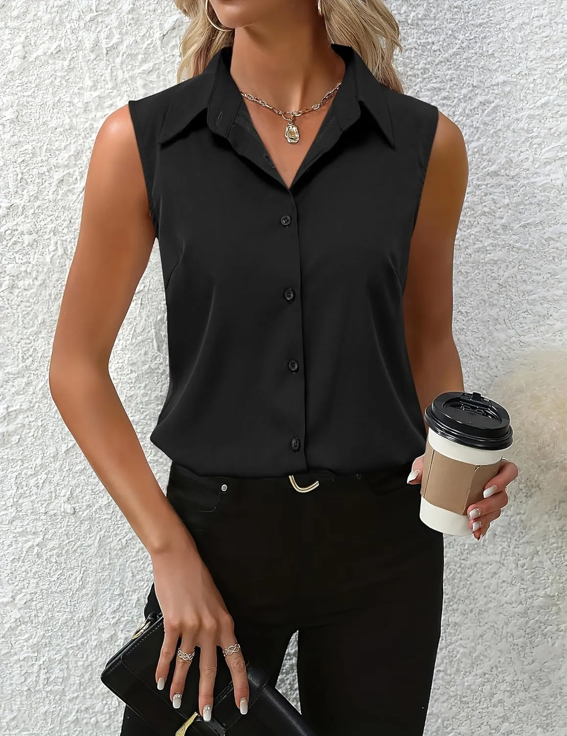 HOTOUCH Womens Sleeveless Button Down Shirt Tops V Neck Business Casual Collared Blouses Tank Top