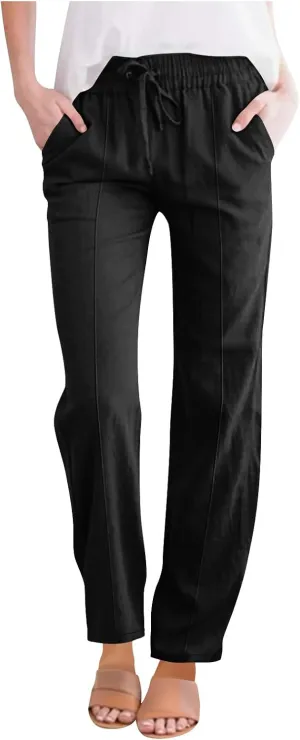 Hvyesh Womens Casual Linen Pants High Waist Drawstring Loose Fit Summer Pants Straight Leg Trousers with Pockets