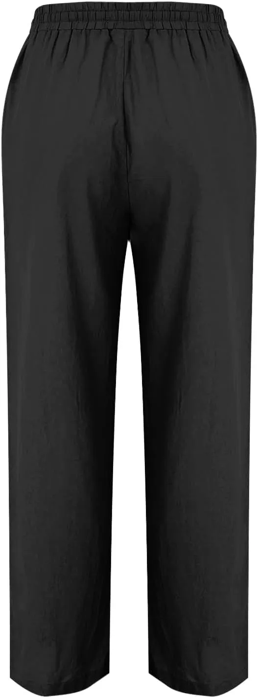 Hvyesh Womens Casual Linen Pants High Waist Drawstring Loose Fit Summer Pants Straight Leg Trousers with Pockets