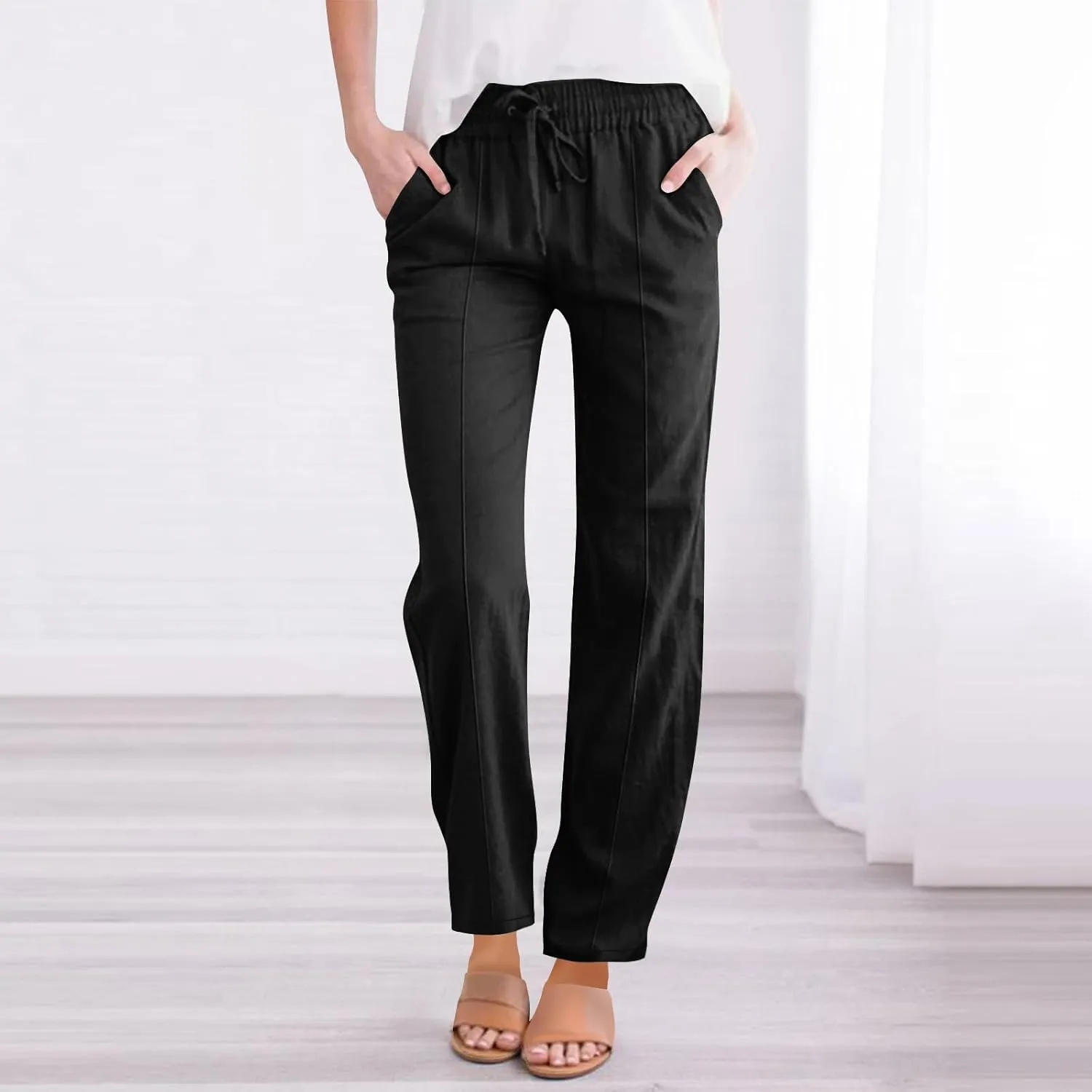 Hvyesh Womens Casual Linen Pants High Waist Drawstring Loose Fit Summer Pants Straight Leg Trousers with Pockets