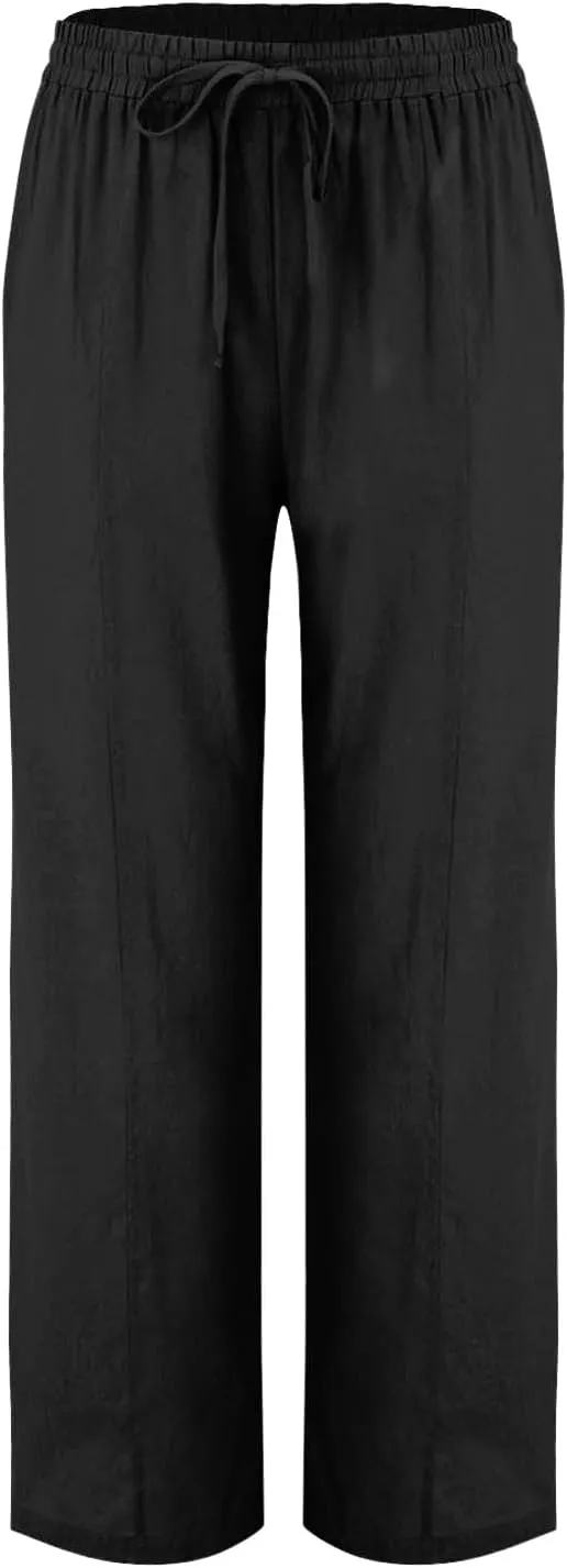 Hvyesh Womens Casual Linen Pants High Waist Drawstring Loose Fit Summer Pants Straight Leg Trousers with Pockets
