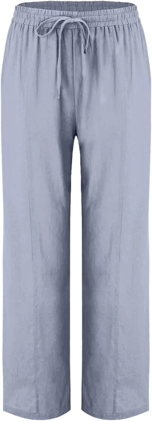 Hvyesh Womens Casual Linen Pants High Waist Drawstring Loose Fit Summer Pants Straight Leg Trousers with Pockets