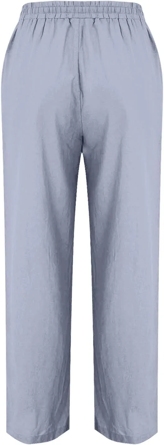 Hvyesh Womens Casual Linen Pants High Waist Drawstring Loose Fit Summer Pants Straight Leg Trousers with Pockets