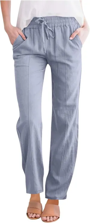 Hvyesh Womens Casual Linen Pants High Waist Drawstring Loose Fit Summer Pants Straight Leg Trousers with Pockets