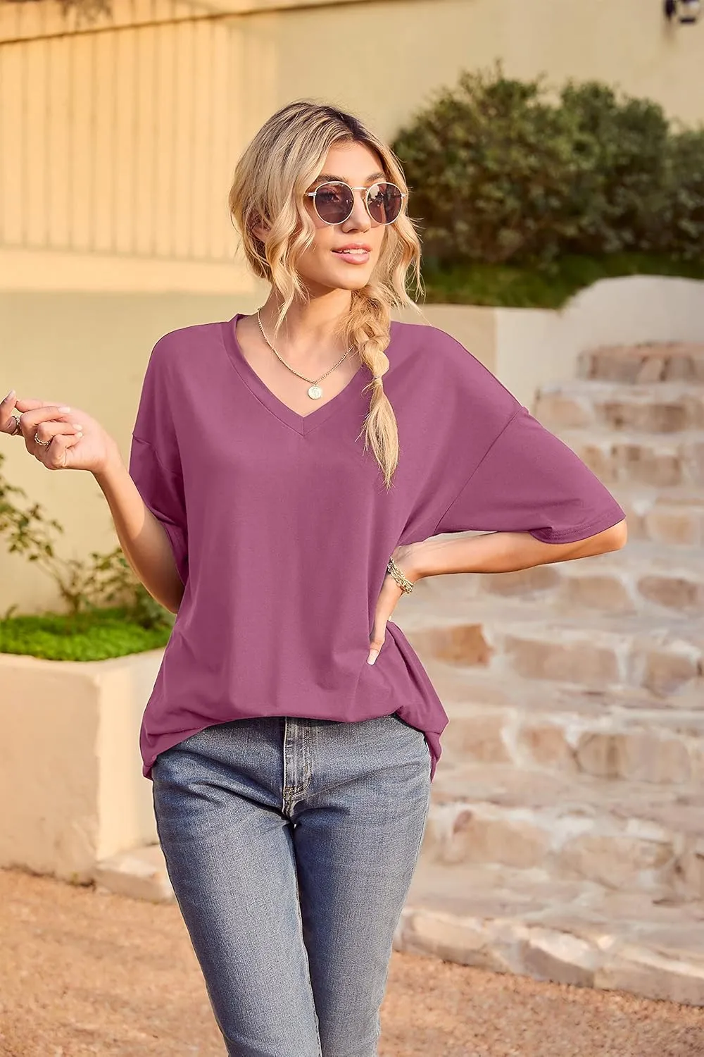 Iandroiy Womens Short Sleeve Tops Dolman V Neck T-Shirts Summer Casual Tunic Tops