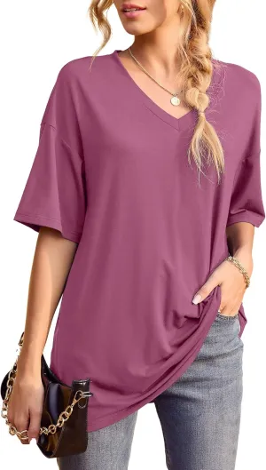 Iandroiy Womens Short Sleeve Tops Dolman V Neck T-Shirts Summer Casual Tunic Tops