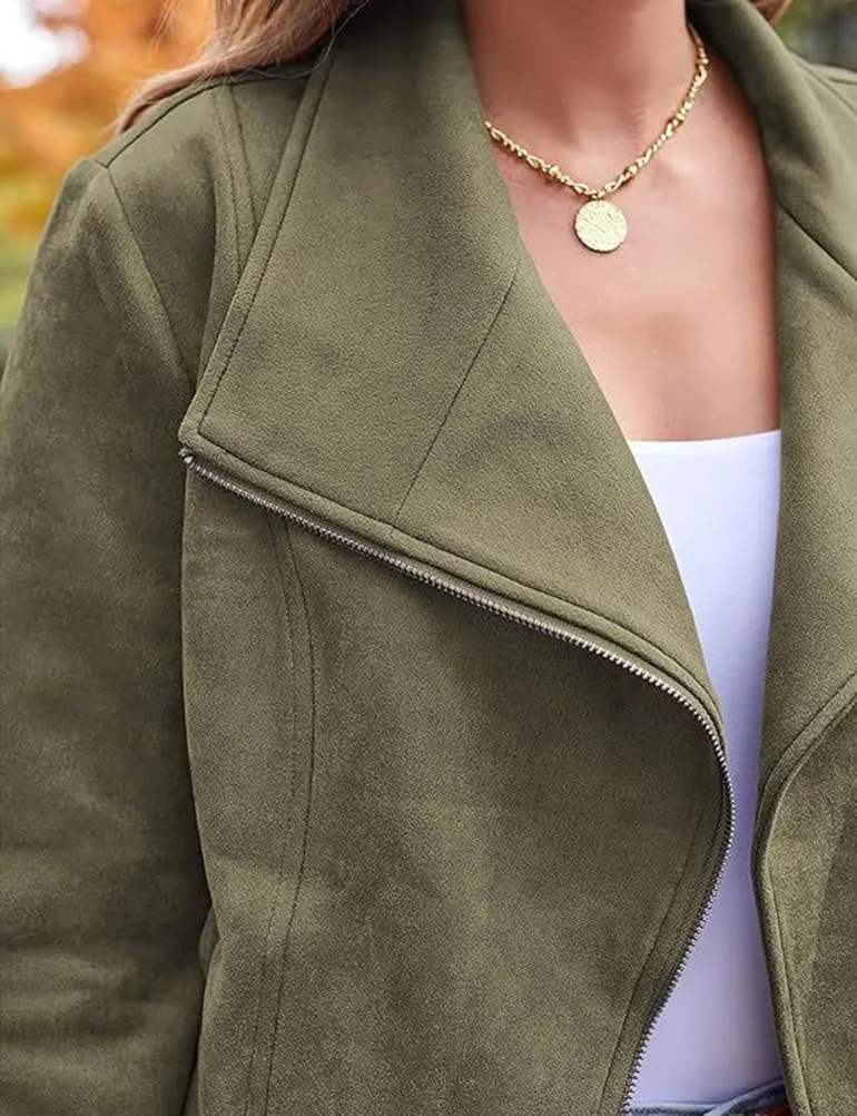 IDEALSANXUN Cropped Suede Jacket Women Fall Winter Casual Coats Zip Up Faux Leather Bomber Moto Jackets