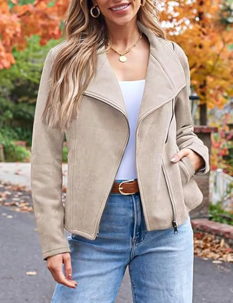 IDEALSANXUN Cropped Suede Jacket Women Fall Winter Casual Coats Zip Up Faux Leather Bomber Moto Jackets