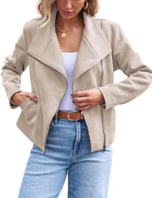 IDEALSANXUN Cropped Suede Jacket Women Fall Winter Casual Coats Zip Up Faux Leather Bomber Moto Jackets