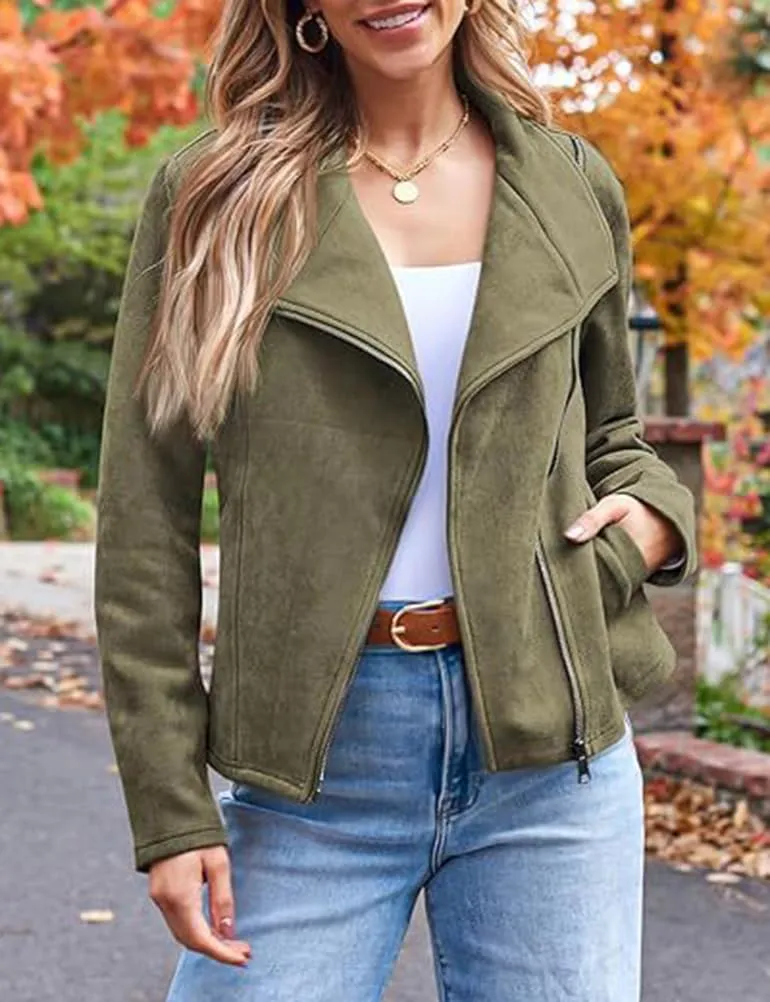 IDEALSANXUN Cropped Suede Jacket Women Fall Winter Casual Coats Zip Up Faux Leather Bomber Moto Jackets