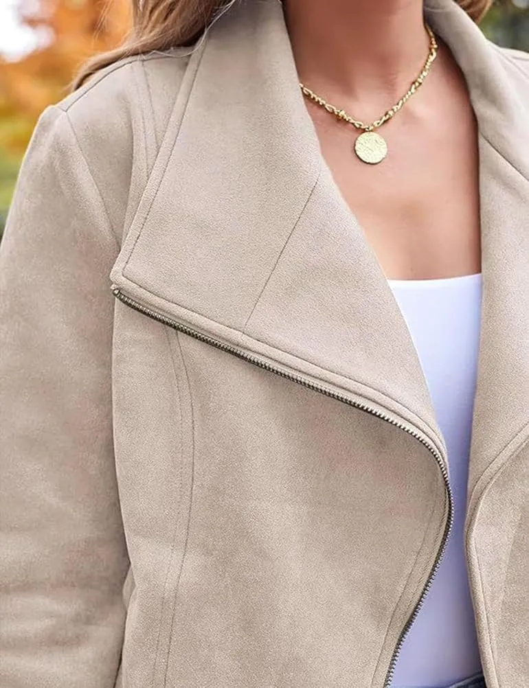 IDEALSANXUN Cropped Suede Jacket Women Fall Winter Casual Coats Zip Up Faux Leather Bomber Moto Jackets