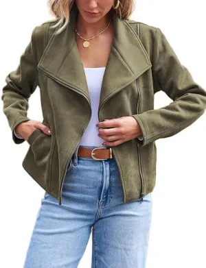 IDEALSANXUN Cropped Suede Jacket Women Fall Winter Casual Coats Zip Up Faux Leather Bomber Moto Jackets