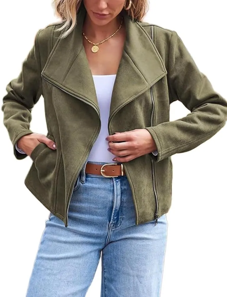IDEALSANXUN Cropped Suede Jacket Women Fall Winter Casual Coats Zip Up Faux Leather Bomber Moto Jackets