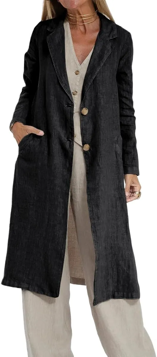 IDEALSANXUN Womens Long Linen Blazer Jackets Casual Lightweight Trench Coat
