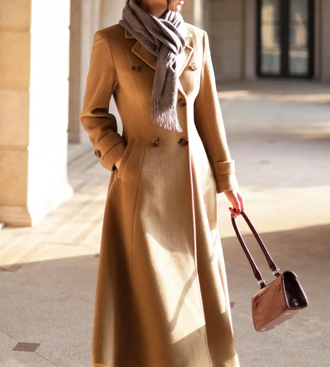 IDEALSANXUN Womens Long Wool Coat Fall Winter Double Breasted Trench Coat Peacoat Jackets