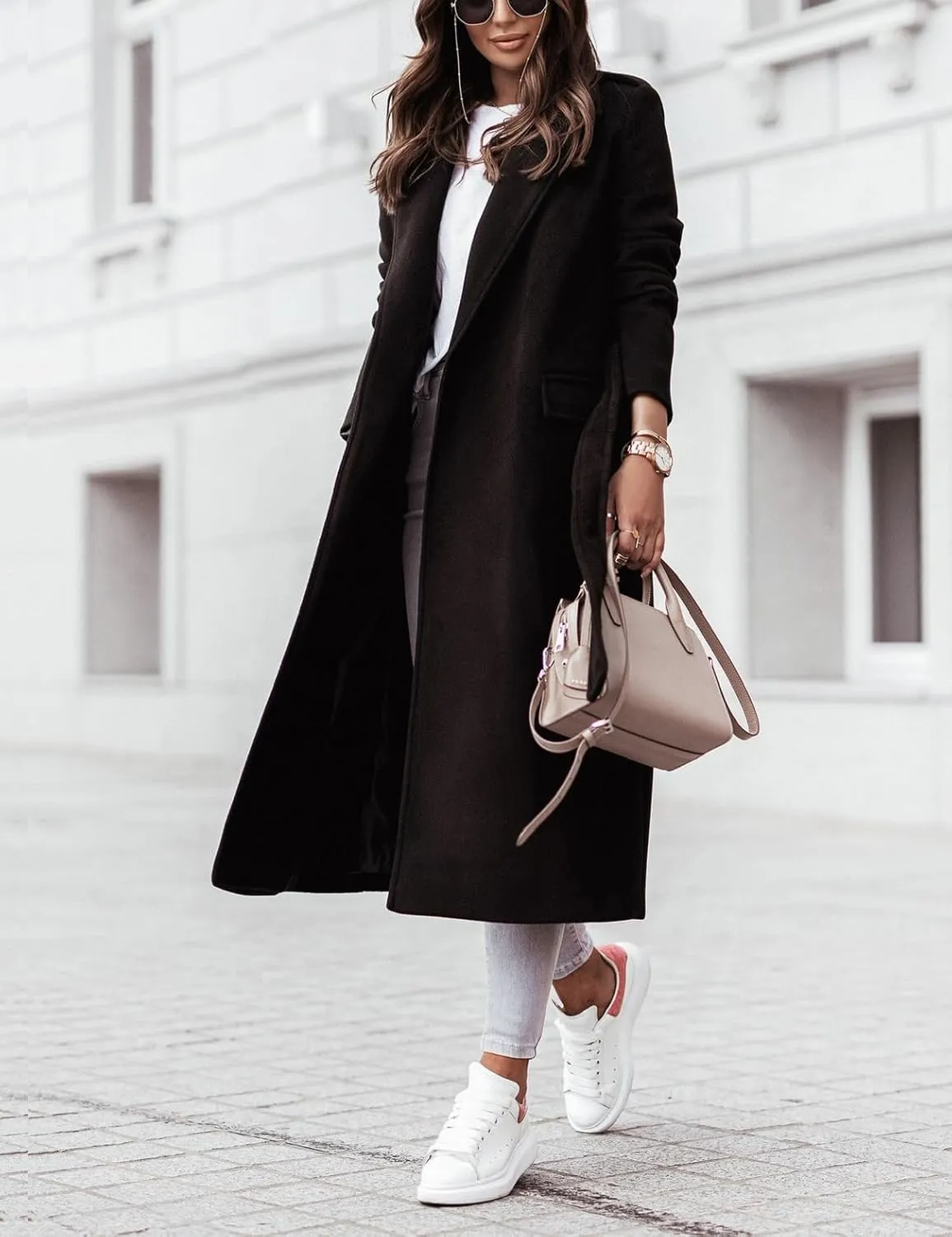 IDEALSANXUN Womens Long Wool Coats Fall Winter Open Front Trench Coat Peacoat with Self Belt