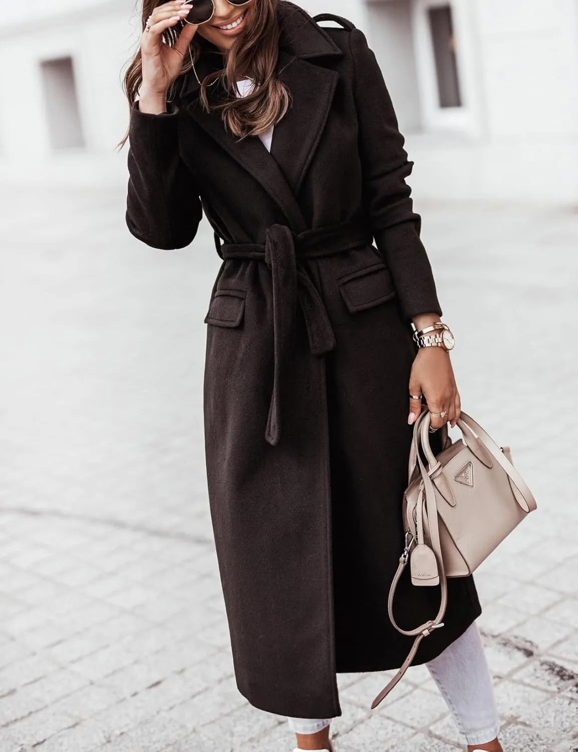 IDEALSANXUN Womens Long Wool Coats Fall Winter Open Front Trench Coat Peacoat with Self Belt