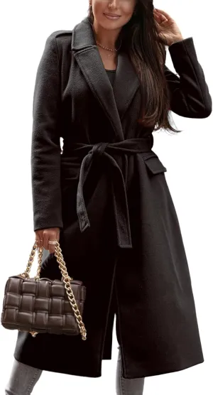 IDEALSANXUN Womens Long Wool Coats Fall Winter Open Front Trench Coat Peacoat with Self Belt