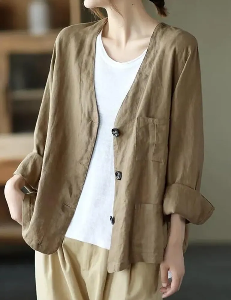 IDEALSANXUN Womens Oversized Cotton Linen Blazer Casual Long Sleeve Spring Jackets