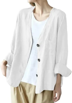 IDEALSANXUN Womens Oversized Cotton Linen Blazer Casual Long Sleeve Spring Jackets