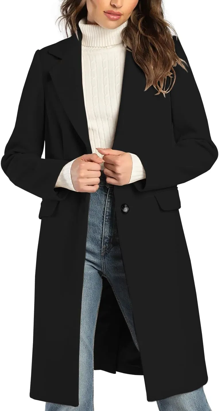 IDEALSANXUN Womens Wool Coats Fall Winter Notch Lapel Long Trench Coat Peacoat Blazer Jackets