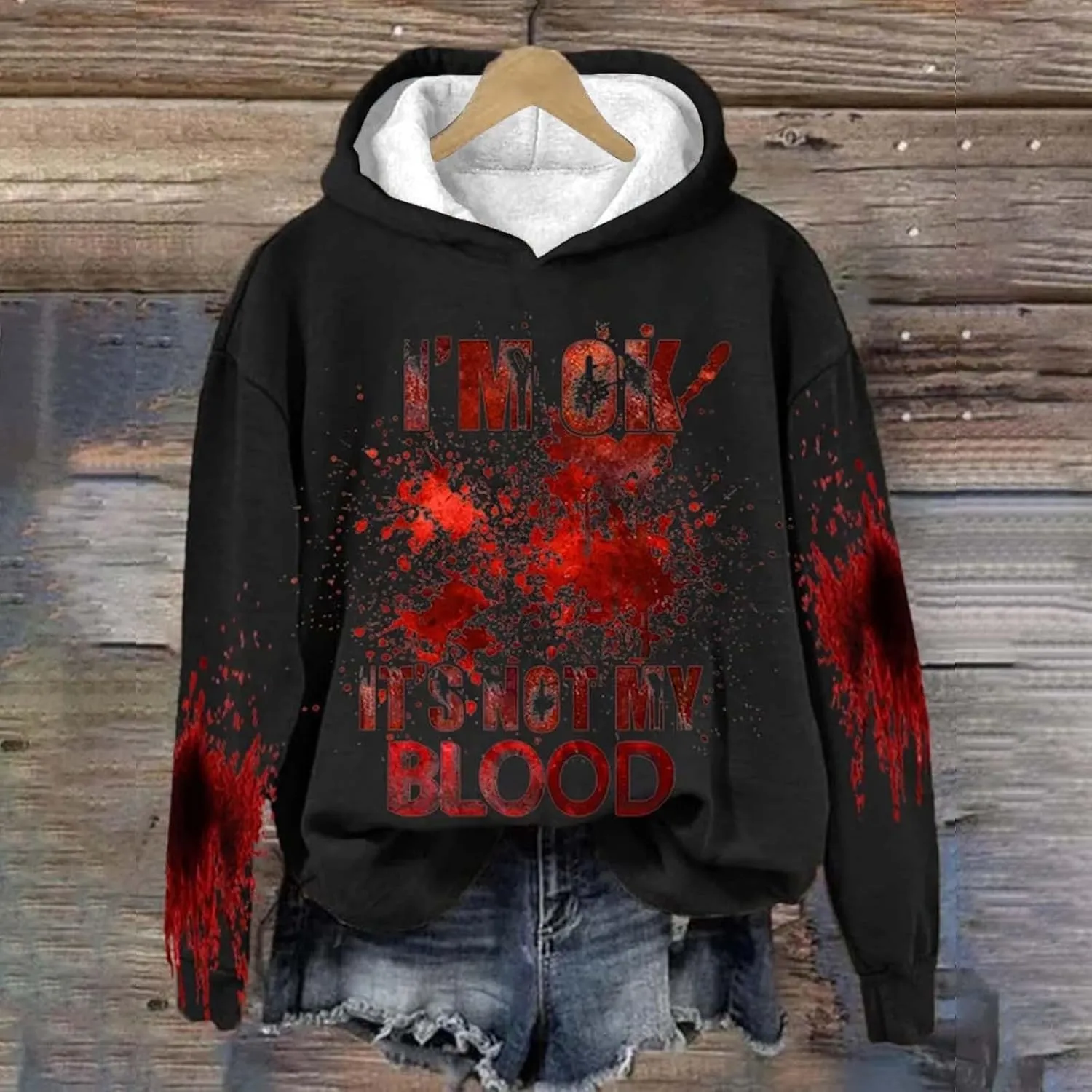 I'M Ok It's Not My Blood Sweatshirt for Women Oversized Halloween Hoodie Graphic Pullover Funny Long Sleeve Tee Top