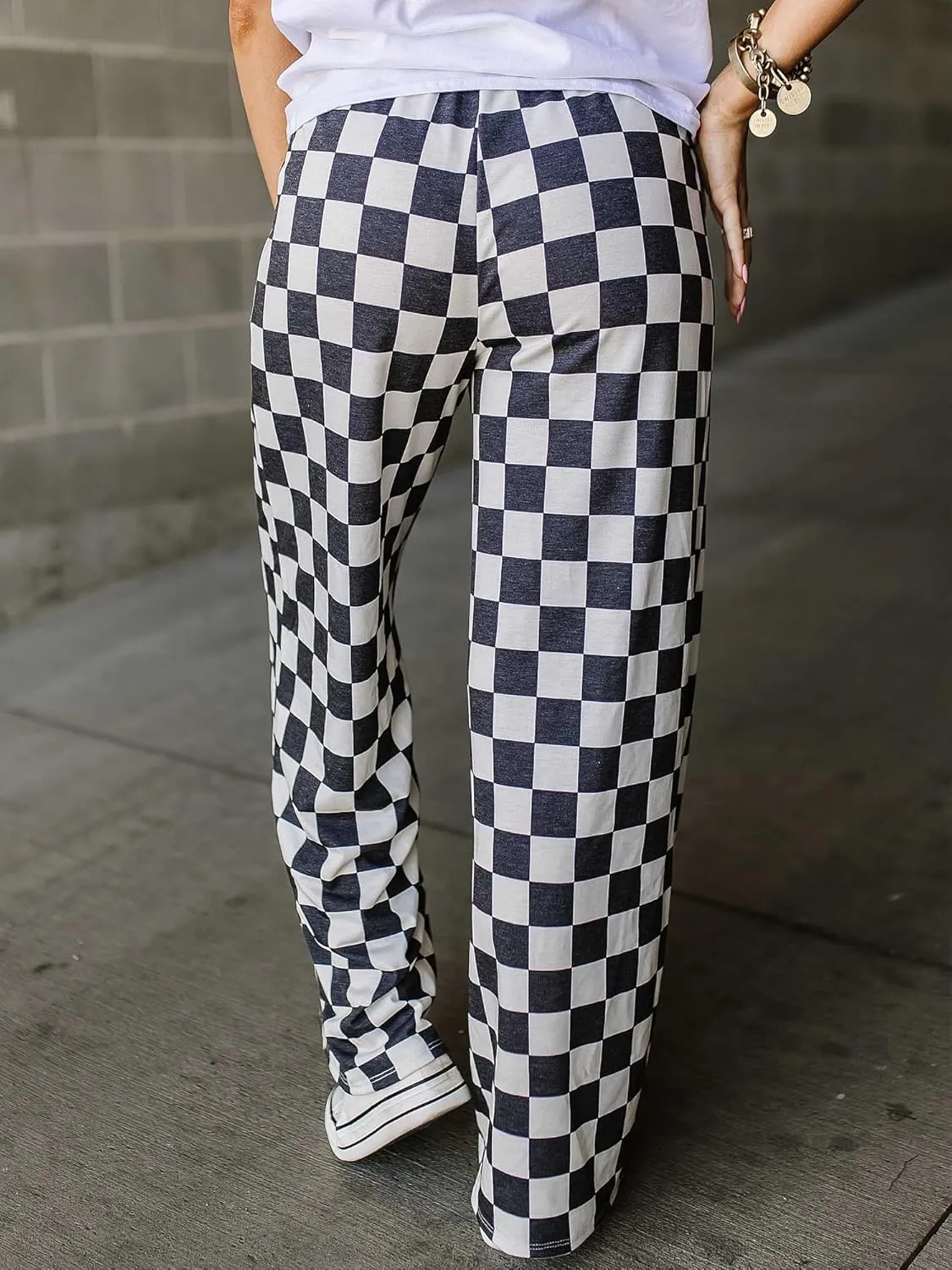 IWOLLENCE Women's Casual Loose Checkered Wide Leg Pants High Waist Straight Lounge Y2K Gingham Trousers Summer