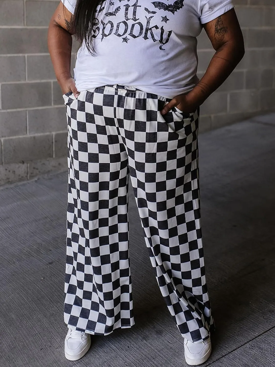 IWOLLENCE Women's Casual Loose Checkered Wide Leg Pants High Waist Straight Lounge Y2K Gingham Trousers Summer