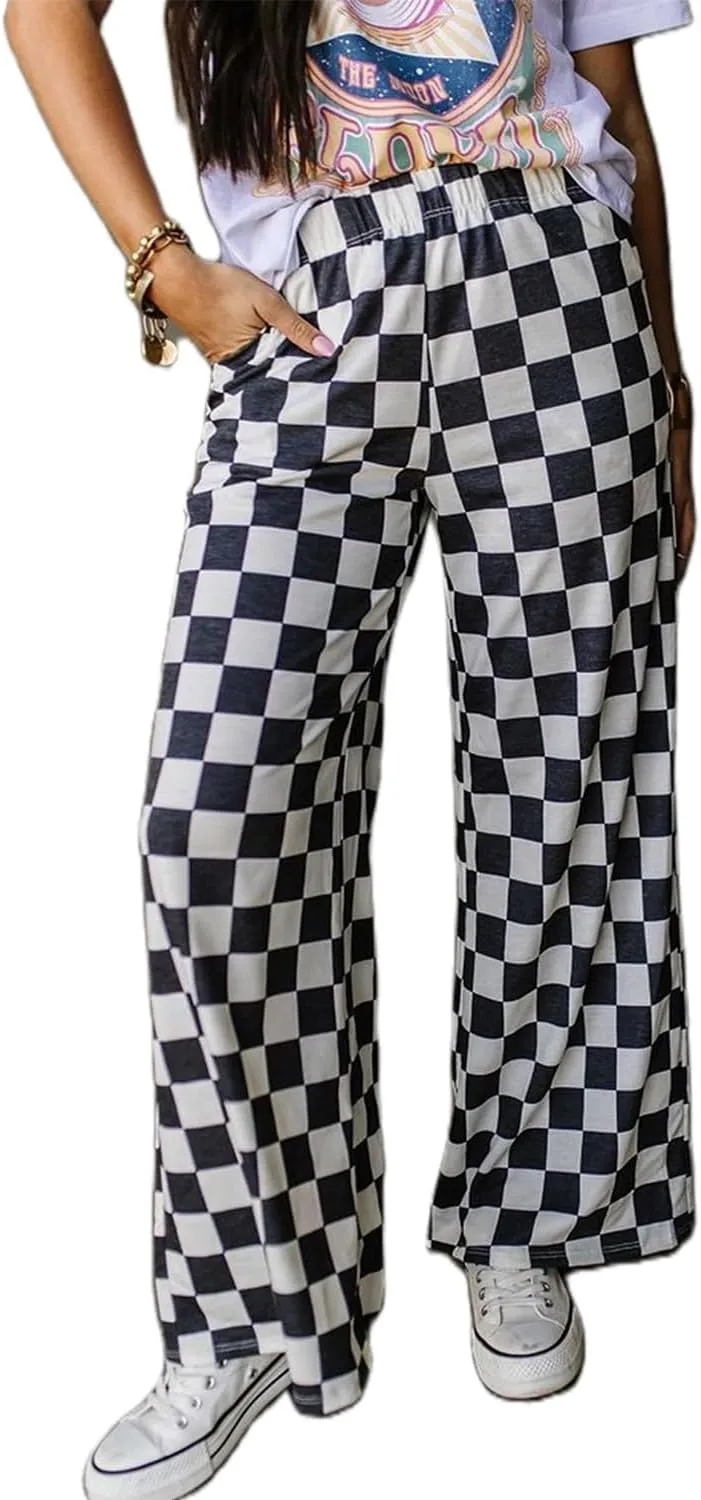 IWOLLENCE Women's Casual Loose Checkered Wide Leg Pants High Waist Straight Lounge Y2K Gingham Trousers Summer