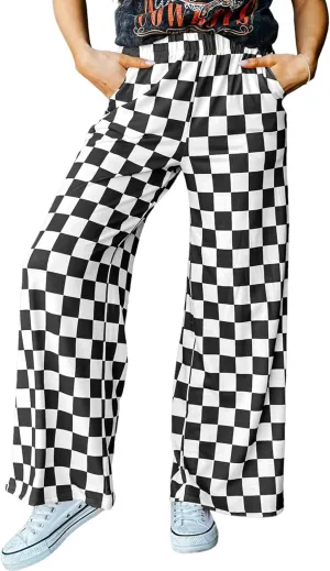 IWOLLENCE Women's Casual Loose Checkered Wide Leg Pants High Waist Straight Lounge Y2K Gingham Trousers Summer